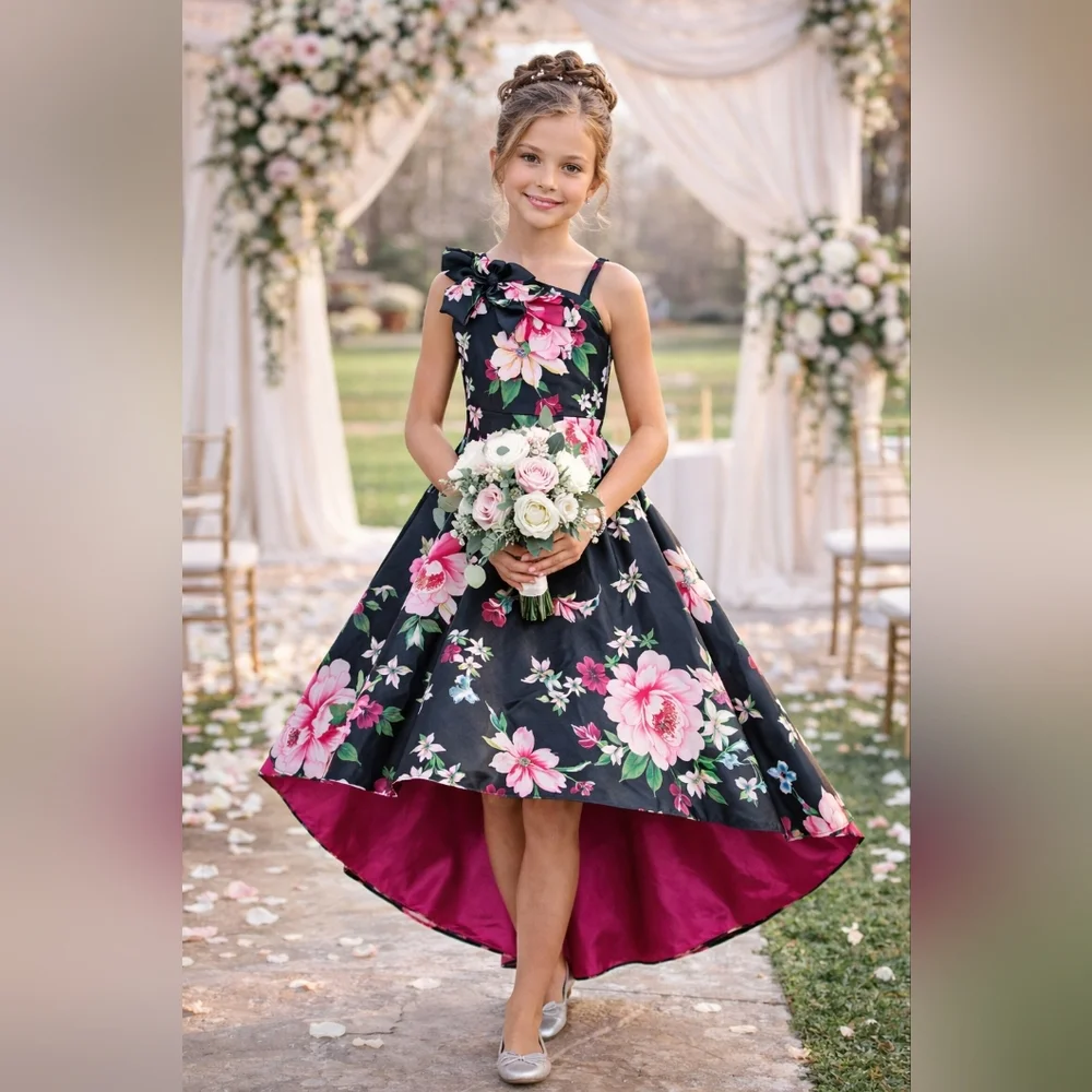 Floral High-Low Party Dress for Girls - Black & Pink - Picture 1 of 8